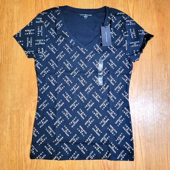 Tommy Hilfiger Women's V Neck All Over Logo Printed T Shirt Tee Navy Large L - Picture 1 of 6